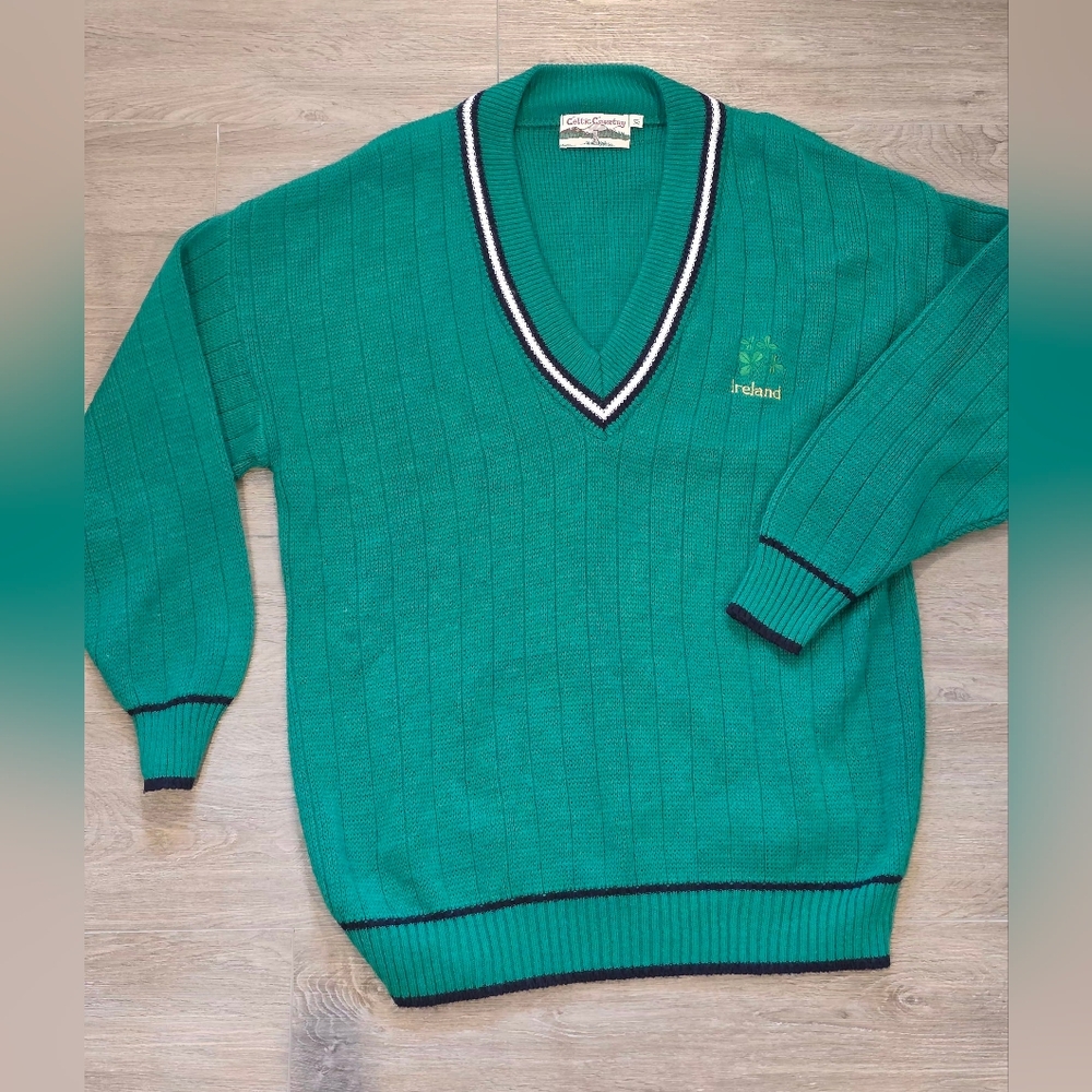 New Vintage Celtic Country Golf V Neck Sweater Mens XL Ireland Unisex Green